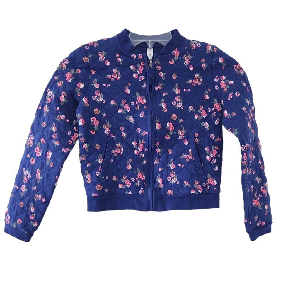 Cherokee Quilted Jacket Floral Girls Large 10/12 Navy Blue, Pink Zip Up Coat